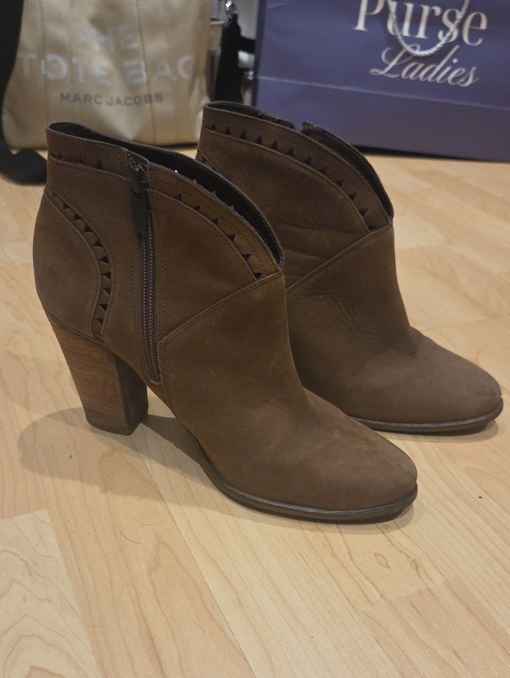 Women's Brown Suede Ankle Booties with Block Heel